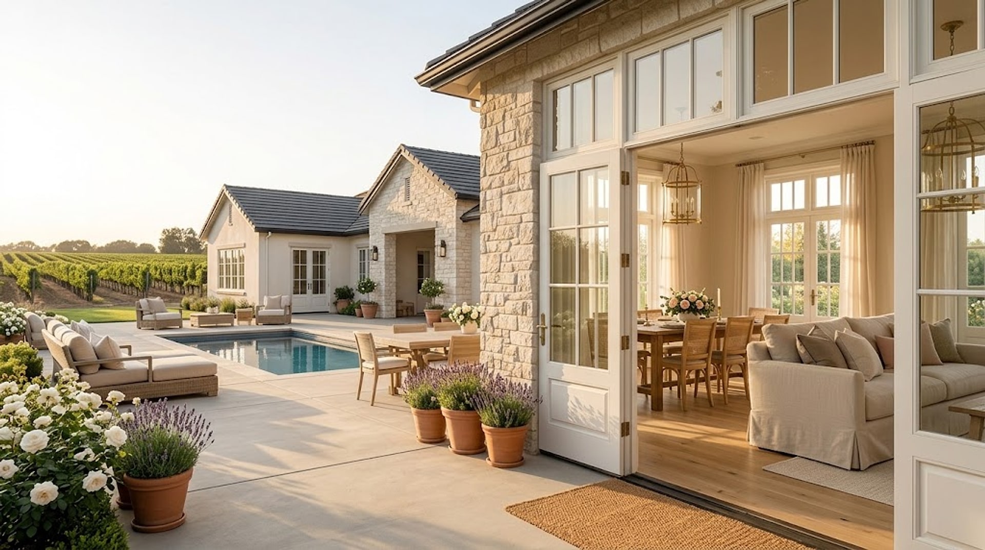 An illustration of a stone house with its glass doors open to a bright living and dining room, a patio with potted lavender and a pool outside